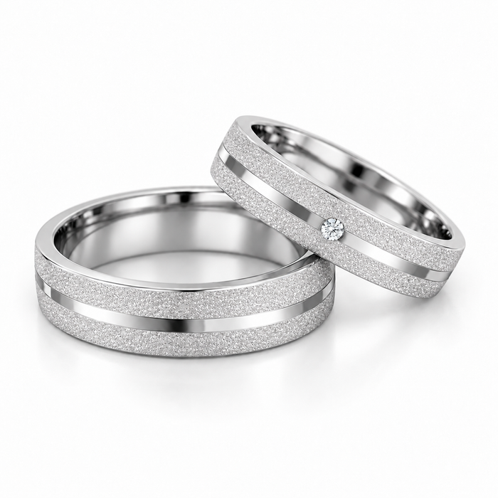 Aliança de Namoro em Prata 925 — 5mm Reta Diamantada com Friso e 1 Pedra