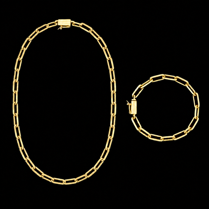 Corrente + Pulseira Cadeado Longo 6mm Banhado a Ouro 18K