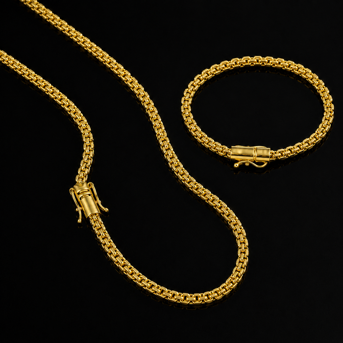 Corrente + Pulseira Cadeado Duplo 4mm - Banhado a Ouro 18K