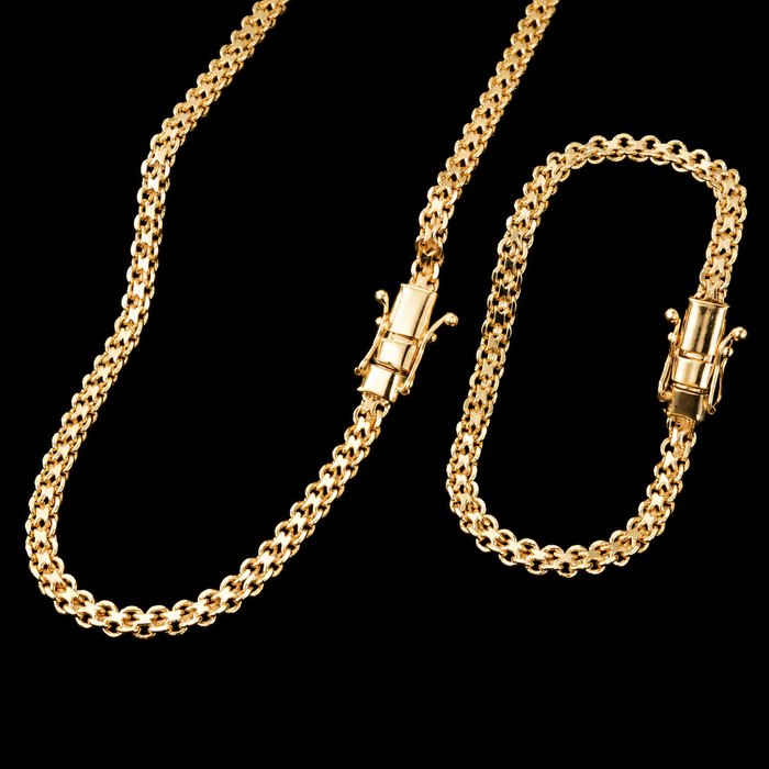 Corrente + Pulseira Cadeado Duplo 6mm - Banhado a Ouro 18K