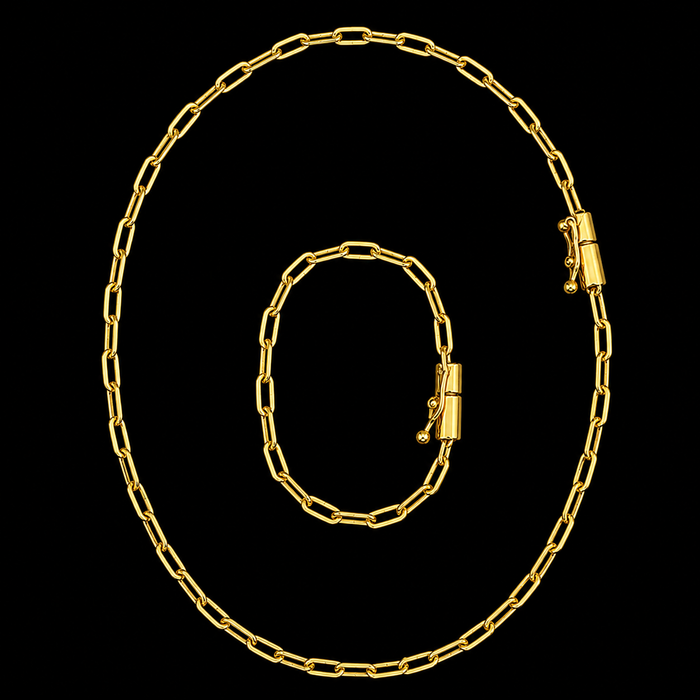 Corrente + Pulseira Cadeado Longo 2mm - Banhado a Ouro 18K