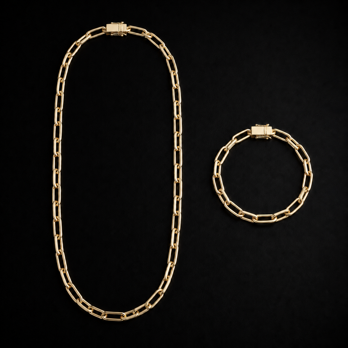 Corrente + Pulseira Cadeado Longo 4mm - Banhada a Ouro 18K