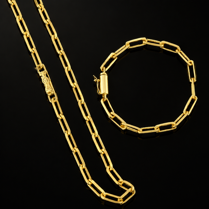 Corrente + Pulseira Cadeado Longo 5mm - Banhado a Ouro 18K