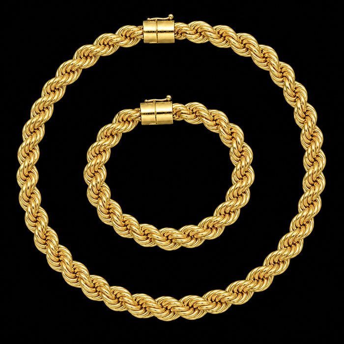 Corrente + Pulseira Corda 15mm - Banhado a Ouro 18K