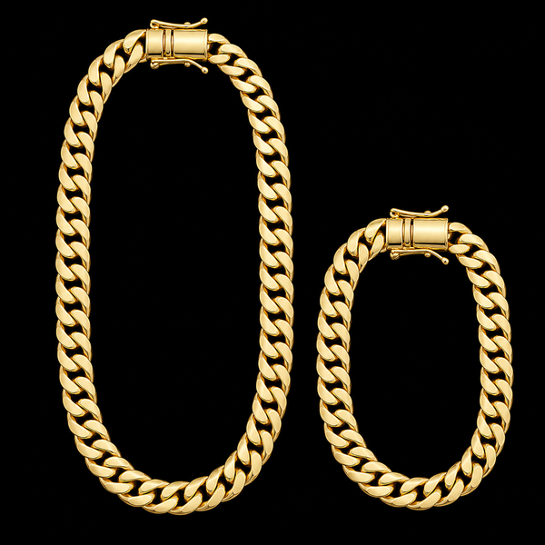 Corrente + Pulseira Cubana 9mm - Banhada a Ouro 18K