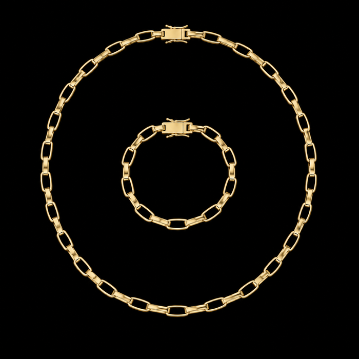 Corrente + Pulseira Tijolinho 7mm - Banhado a Ouro 18K