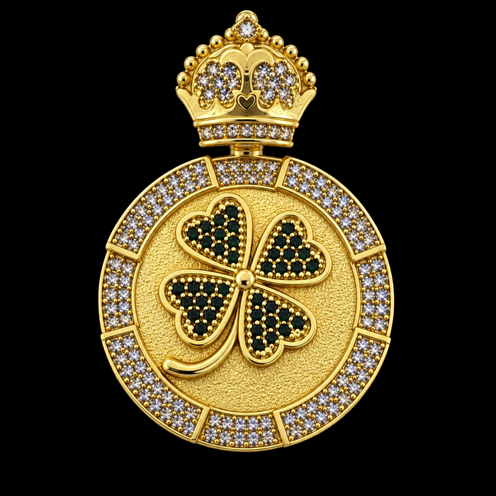 Medalha Redonda Trevo da Sorte Cravejado - Banhado a Ouro 18K