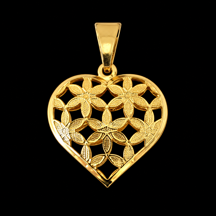 Pingente Coração Flor da Vida Vazado Banhado a Ouro 18k