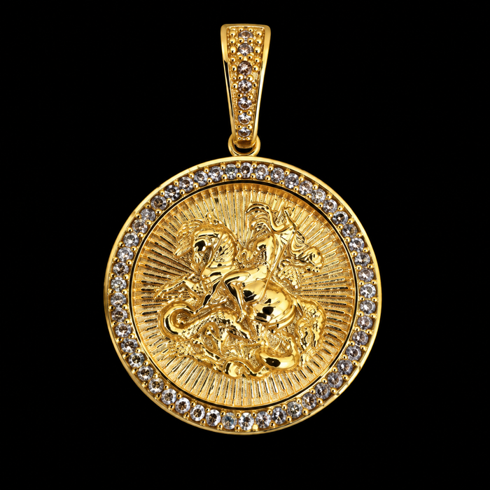 Pingente Medalha São Jorge Raios Cravejada -  Banhada a Ouro 18K