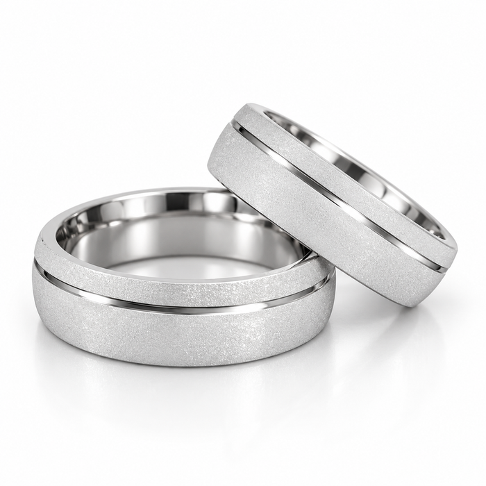 Alianças Compromisso Prata 925 - 6mm Meia Cana Diamantadas com Friso